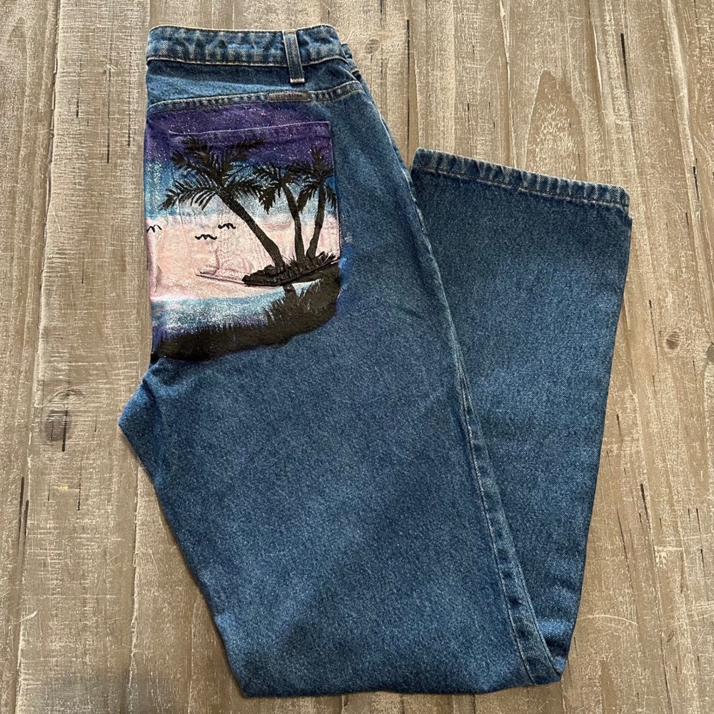 Liz Claiborne Jeans Womens Size 8‎ Classic Straight Hand Painted Palm Tree Art